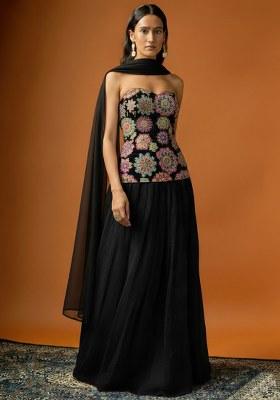 Black Embroidered Crepe Lehenga Set