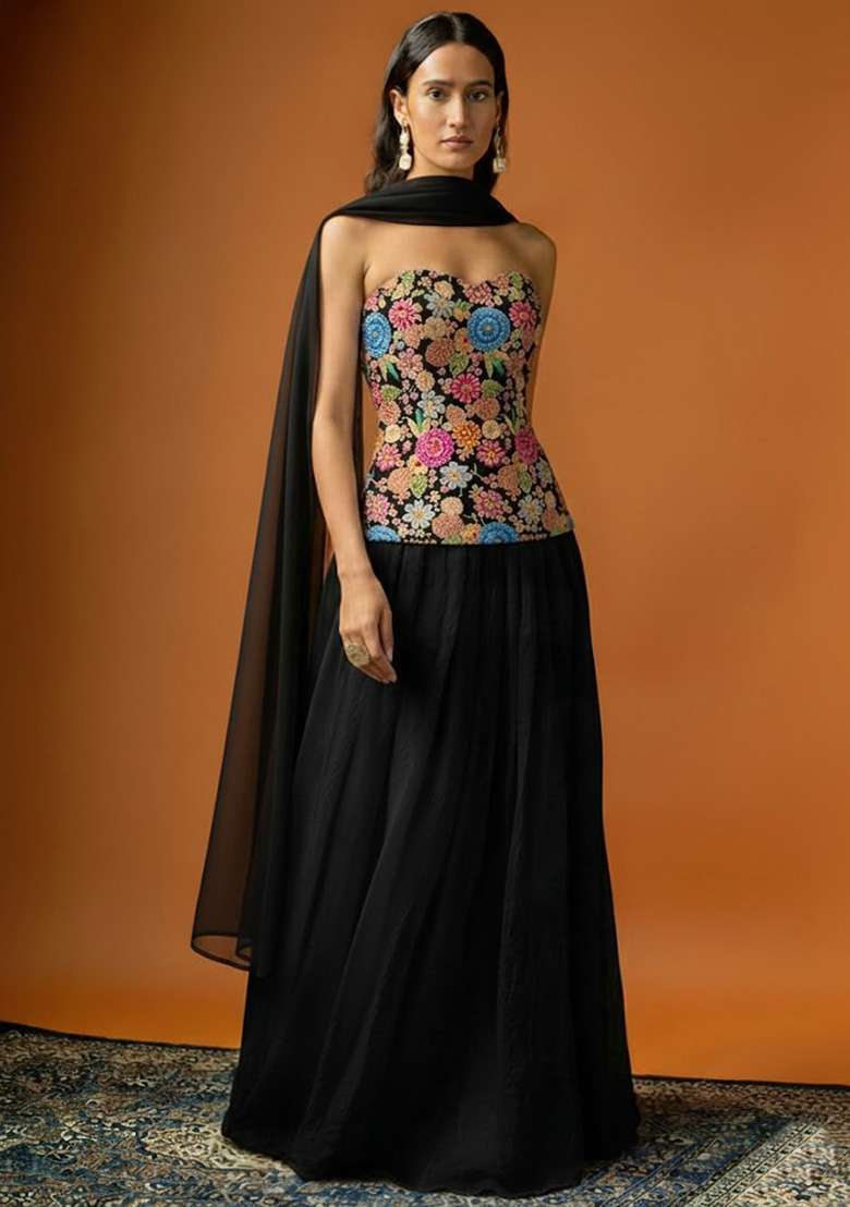 Black Crepe Lehenga Set with Embroidered & Corset Blouse for Diwali | Wedding & Festive Wear - Indya