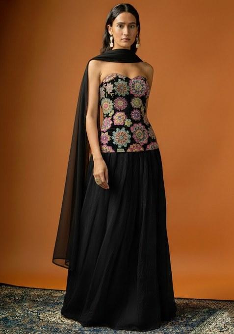 Black Embroidered Crepe Lehenga Set