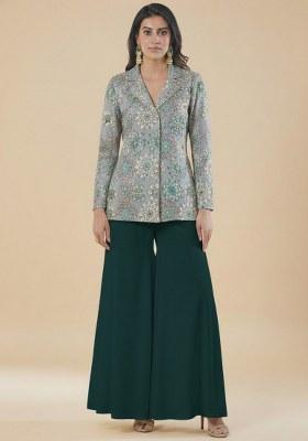 Bottle Green Embroidered Crepe Fusion Set