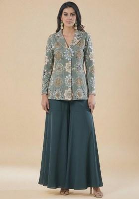 Teal Blue Embroidered Crepe Fusion Set