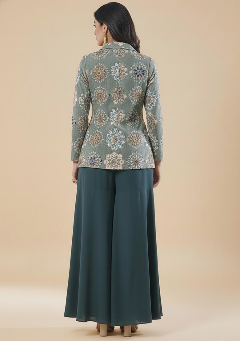 Teal Blue Embroidered Crepe Fusion Set - Indya