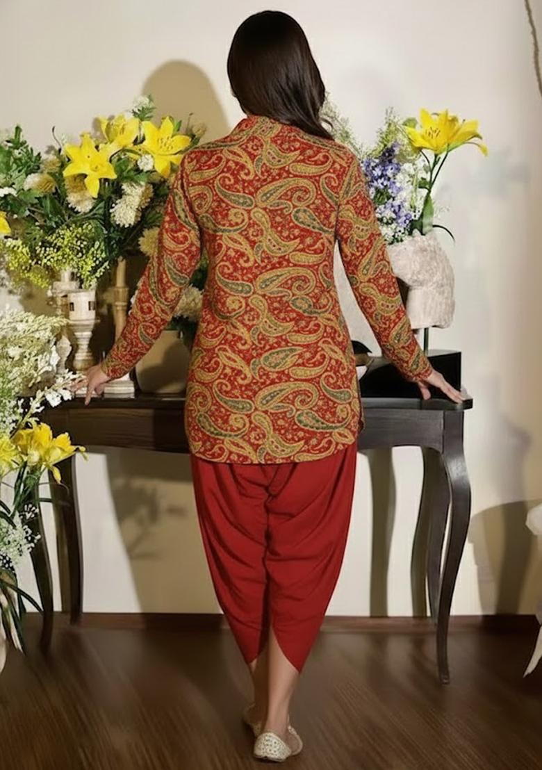 Rust Embroidered Crepe Fusion Set - Indya