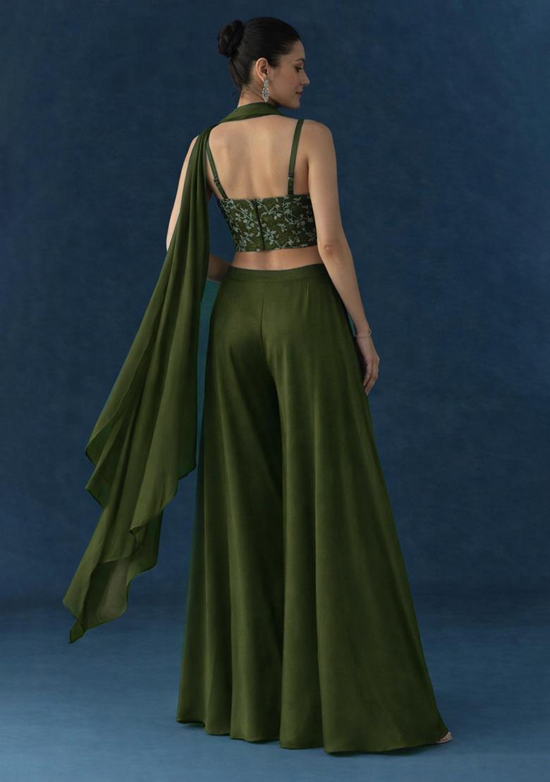 Forest Green Embroidery Crepe Fusion Set  - Indya