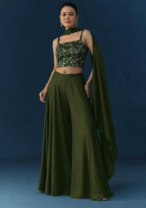 Forest Green Embroidery Crepe Fusion Set 
