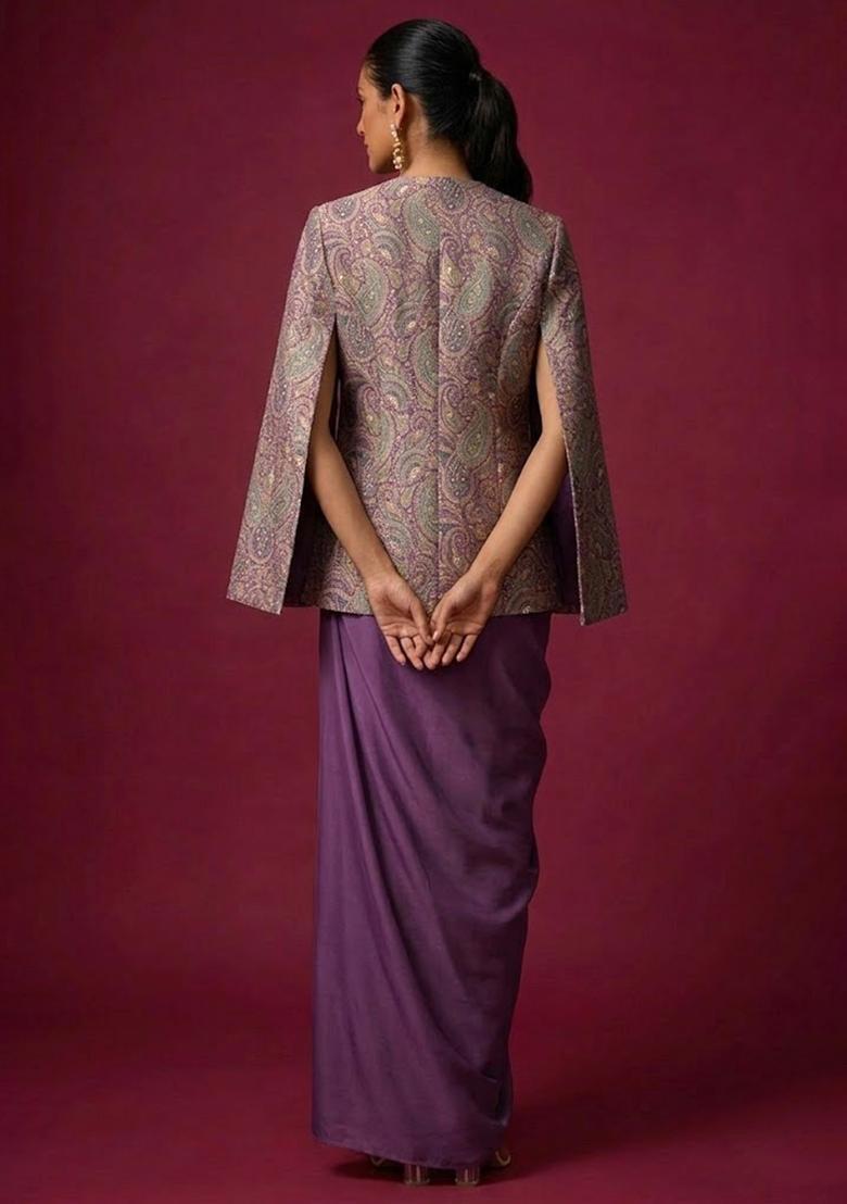 Purple Printed Jacquard Fusion set - Indya