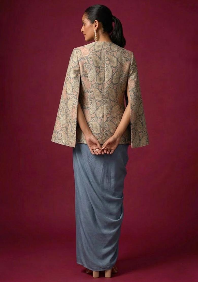 Steel Blue Printed Jacquard Fusion set - Indya