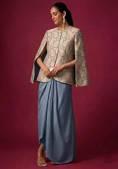 Steel Blue Printed Jacquard Fusion set
