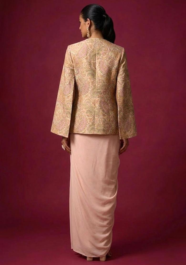 Peach Printed Jacquard Fusion set - Indya