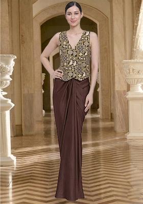Chocolate Brown Printed Jacquard Fusion set