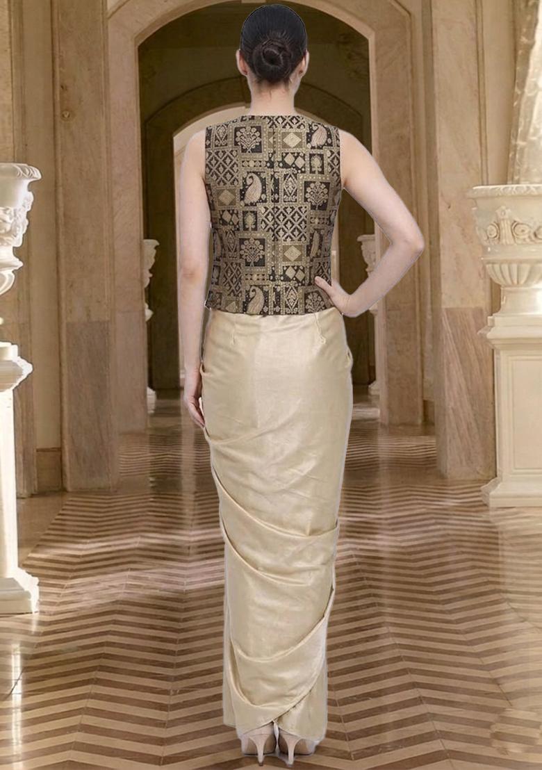 Sand Beige Printed Jacquard Fusion set - Indya