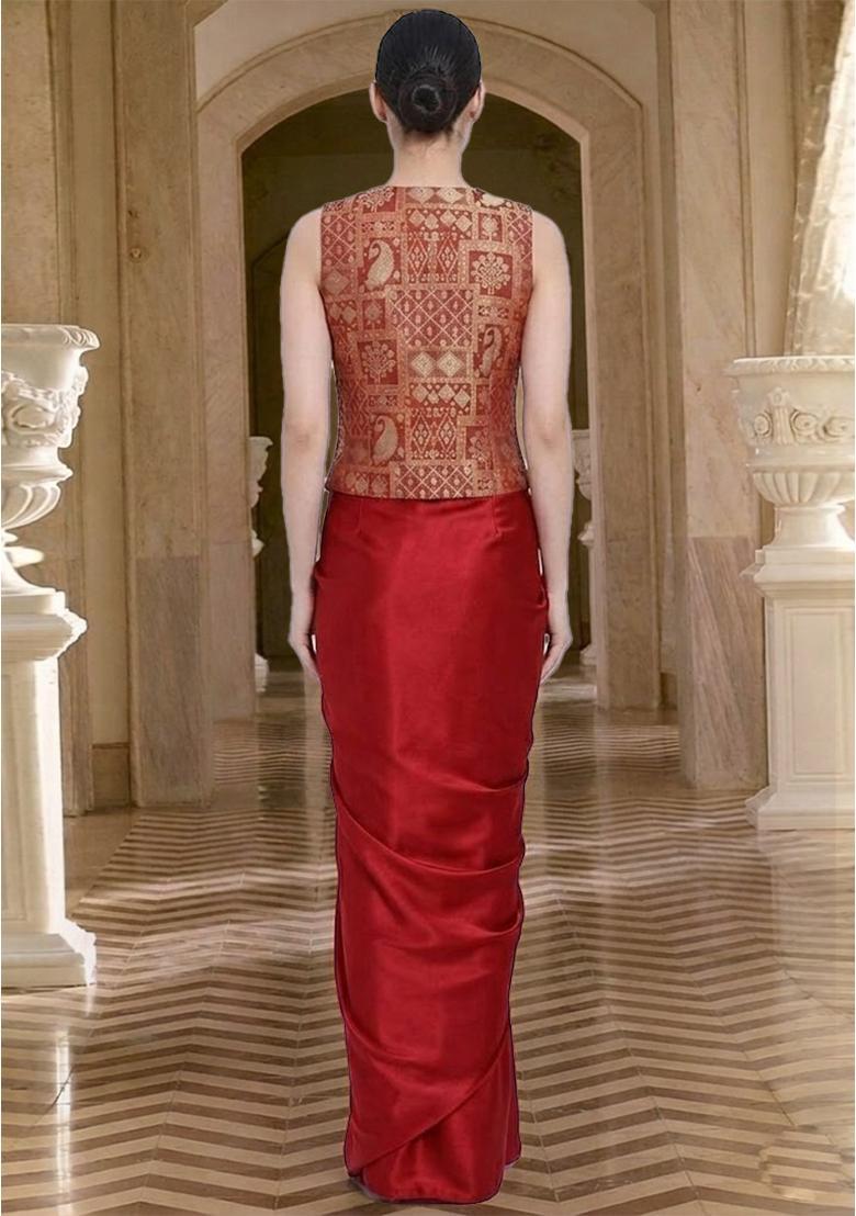 Red Printed Jacquard Fusion set - Indya