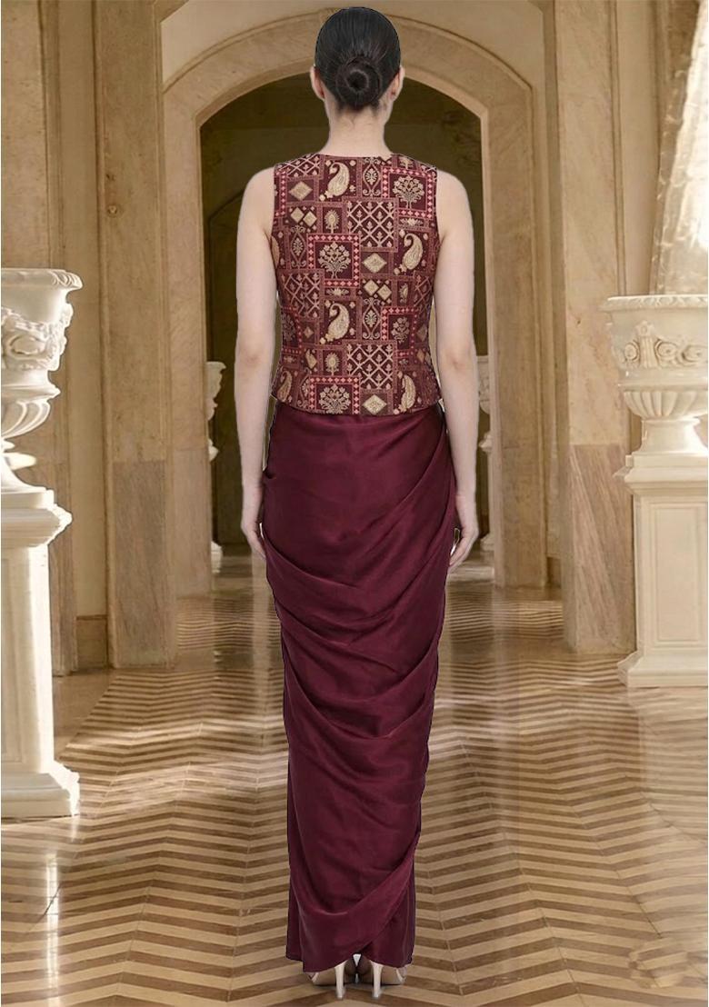 Burgundy Printed Jacquard Fusion set - Indya