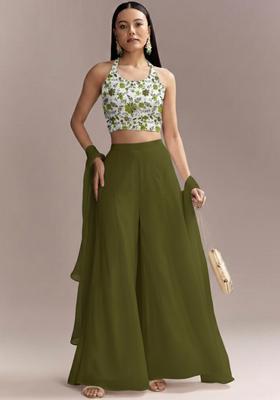 Olive Green Floral Print Crepe Fusion Set 