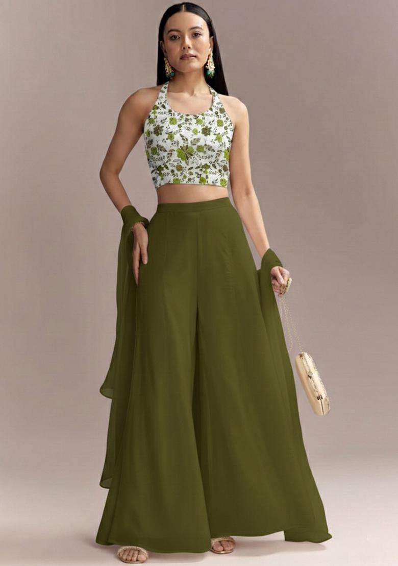 Olive Green Crepe Fusion Set with Floral Print for Diwali | Wedding & Festive Wear - Indya