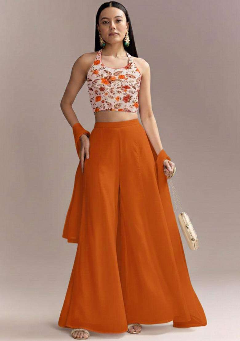 Orange Crepe Fusion Set with Floral Print for Diwali | Wedding & Festive Wear - Indya