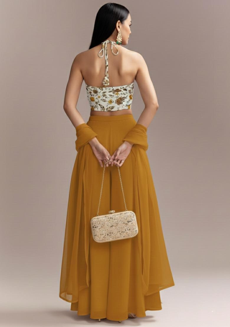 Mustard Floral Print Crepe Fusion Set  - Indya