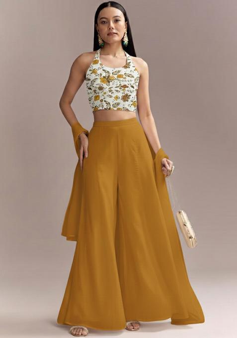 Mustard Floral Print Crepe Fusion Set 