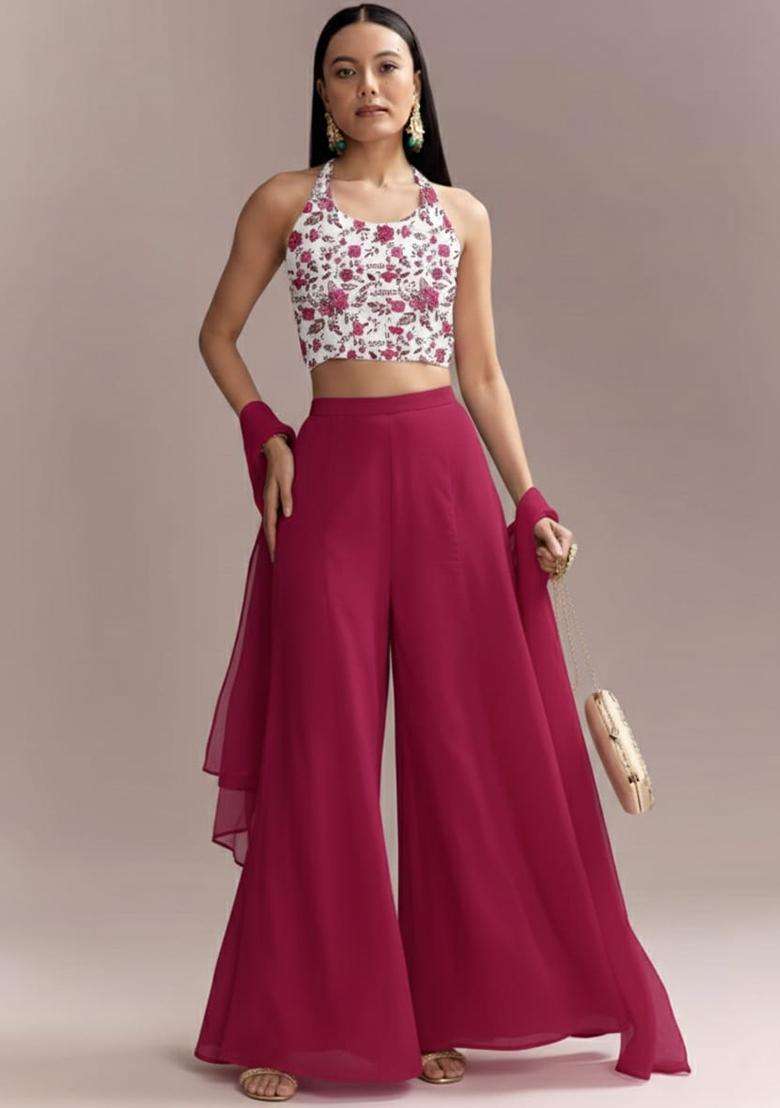 Rani Pink Crepe Fusion Set with Floral Print for Diwali | Wedding & Festive Wear - Indya