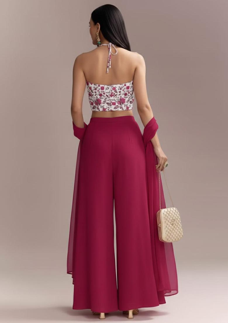 Rani Pink Floral Print Crepe Fusion Set  - Indya