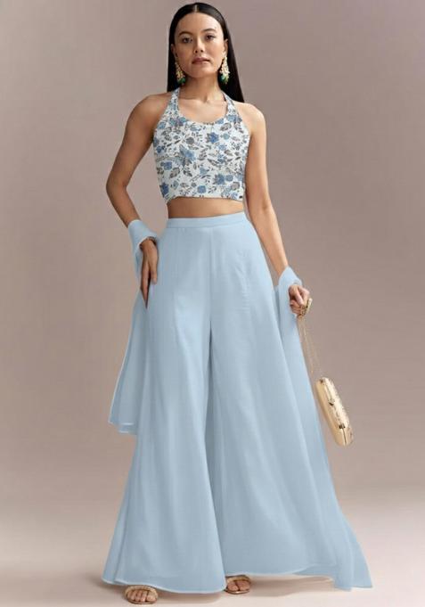 Ice Blue Floral Print Crepe Fusion Set 