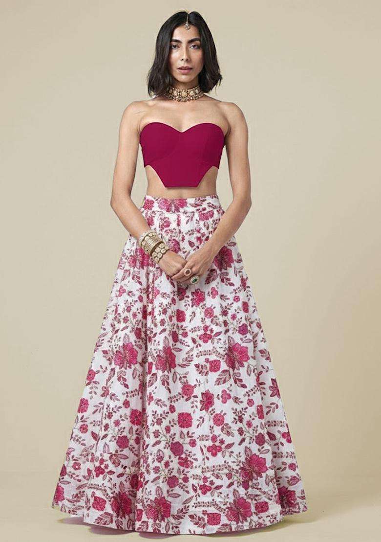 Rani Pink Crepe Fusion Set with Floral Print for Diwali | Wedding & Festive Wear - Indya