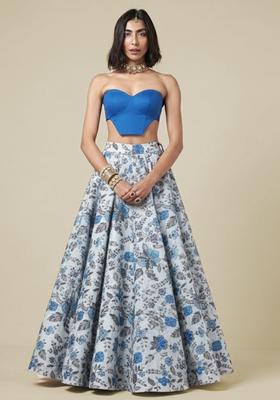 Blue Floral Print Crepe Fusion Set