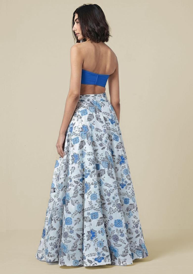 Blue Floral Print Crepe Fusion Set - Indya