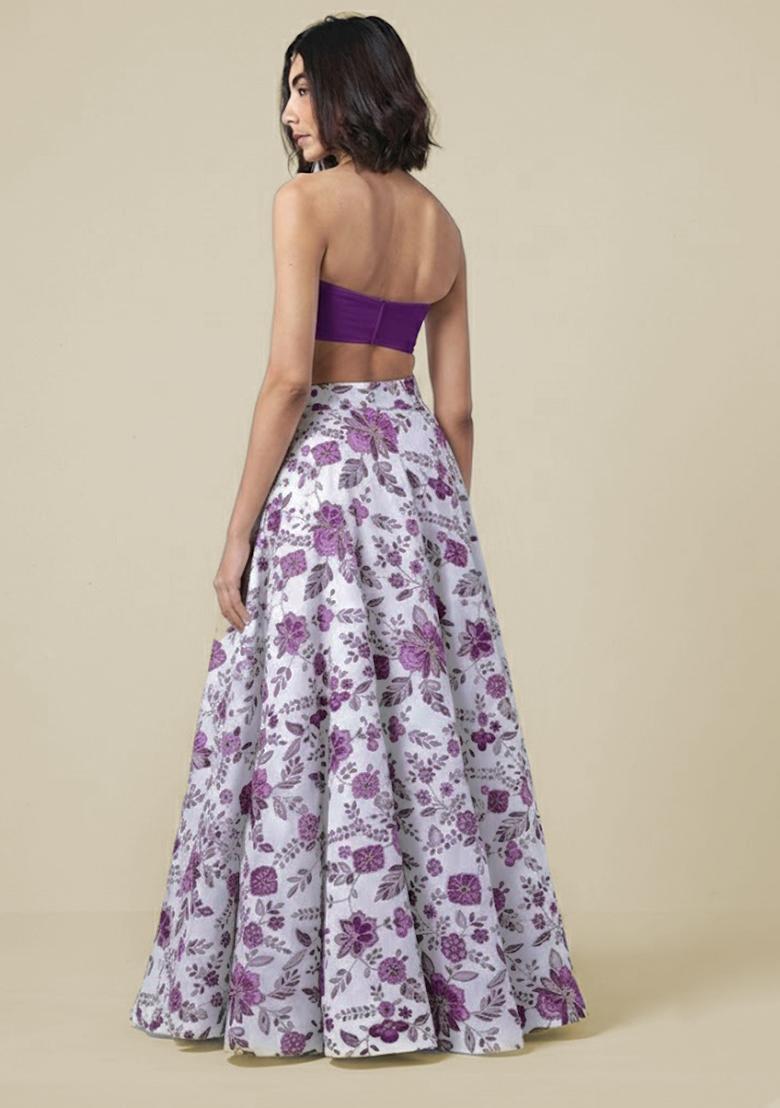 Purple Floral Print Crepe Fusion Set - Indya