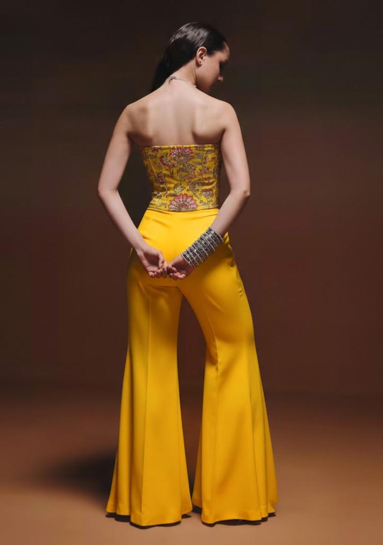 Mustard Embroidery Crepe Fusion Set - Indya