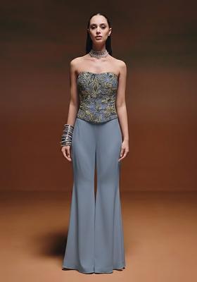 Dusty Blue Embroidery Crepe Fusion Set