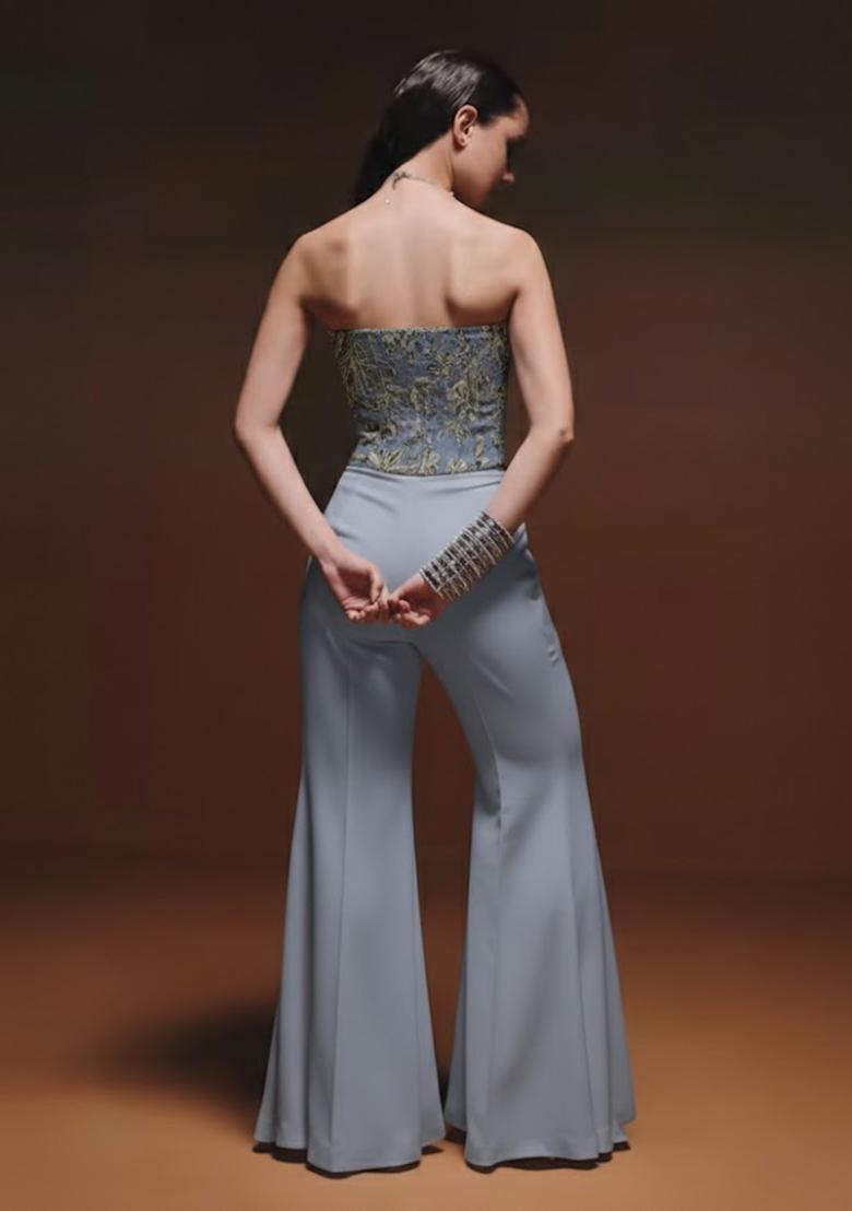 Dusty Blue Embroidery Crepe Fusion Set - Indya