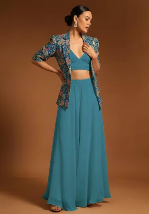 Teal Green Printed Crepe Fusion Set — view on Indya