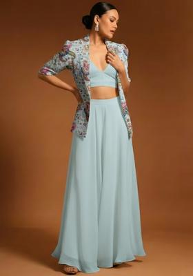 Ice Blue Printed Crepe Fusion Set