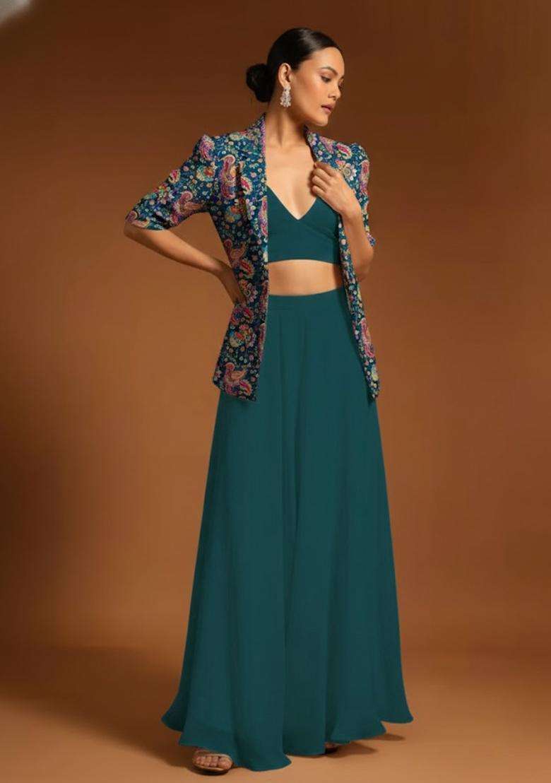 Teal Blue Printed Crepe Fusion Set for Diwali and Festive Wear - Indya