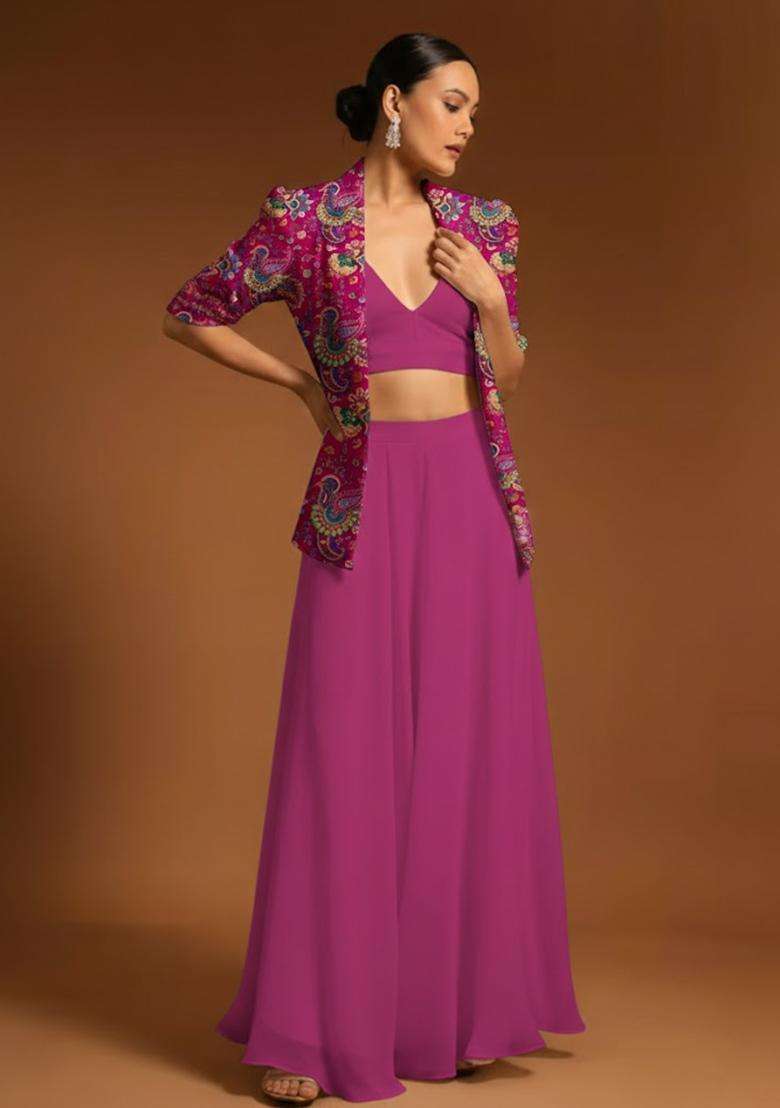 Pink Printed Crepe Fusion Set for Diwali and Festive Wear - Indya