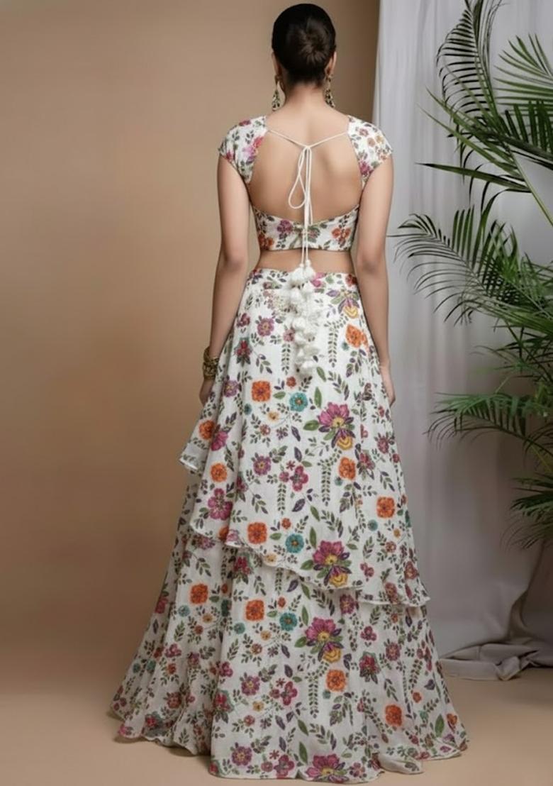 Ivory Floral Print Crepe Fusion Set - Indya