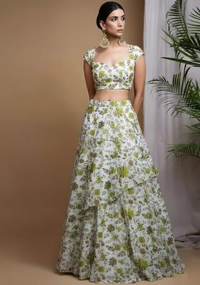 Green Floral Print Crepe Fusion Set