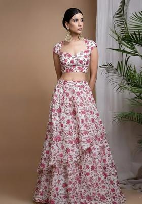 Pink Floral Print Crepe Fusion Set