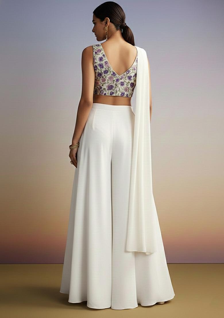 Ivory Embroidery Crepe Fusion Set - Indya