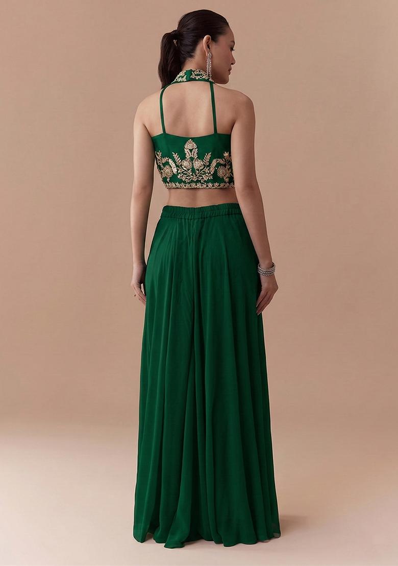 Bottle Green Crepe Handwork Fusion Set - Indya