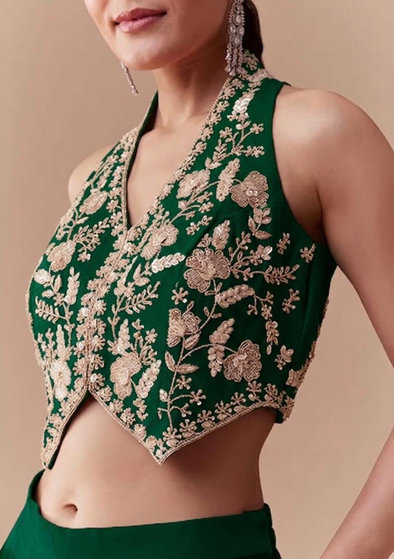 Bottle Green Crepe Handwork Fusion Set - Indya