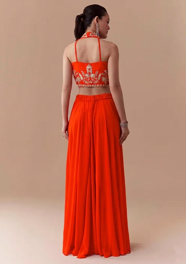 Orange Crepe Handwork Fusion Set - Indya