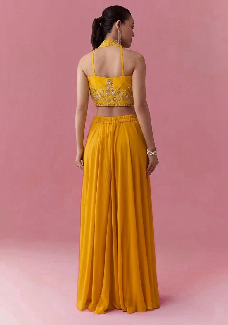 Yellow Crepe Handwork Fusion Set - Indya