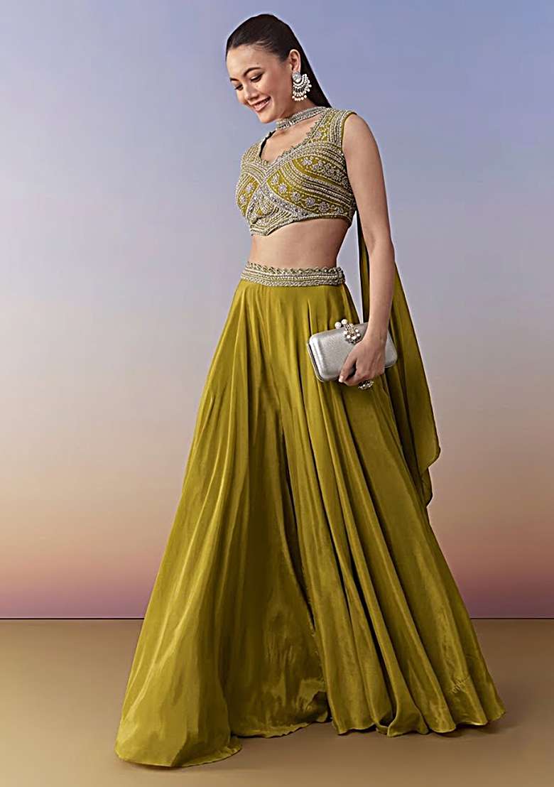 Olive Green Crepe Handwork Fusion Set - Indya