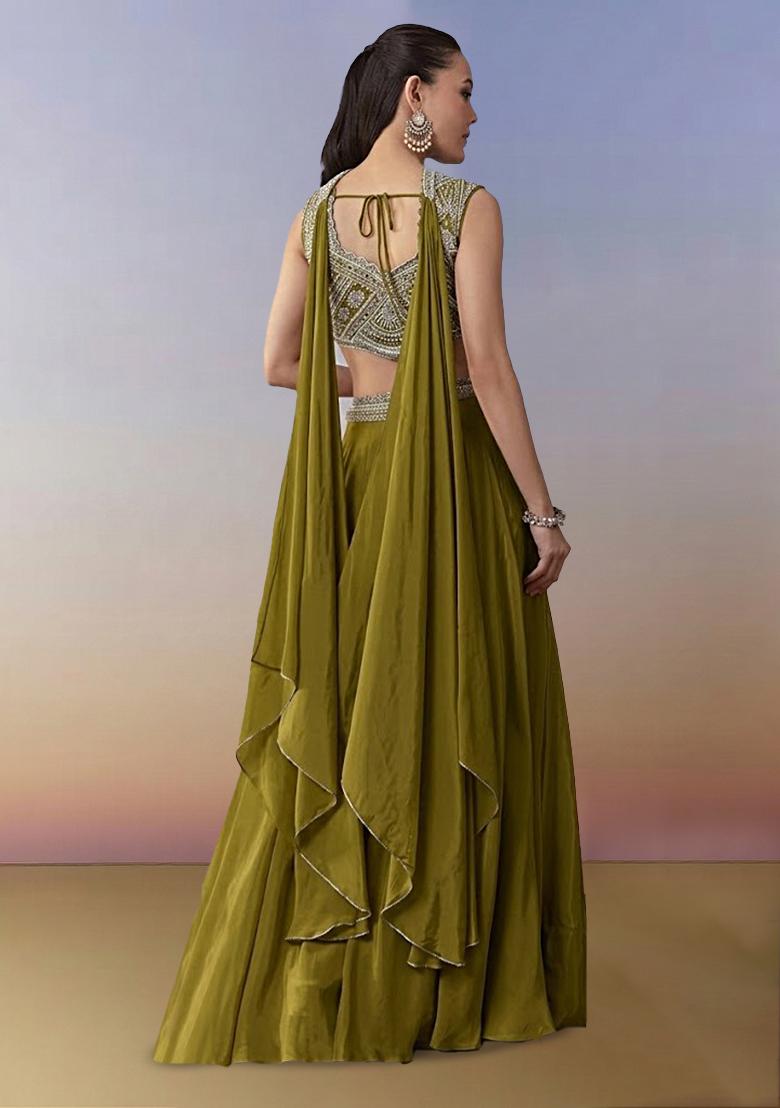 Olive Green Crepe Handwork Fusion Set - Indya