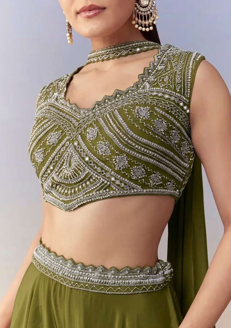 Olive Green Crepe Handwork Fusion Set - Indya