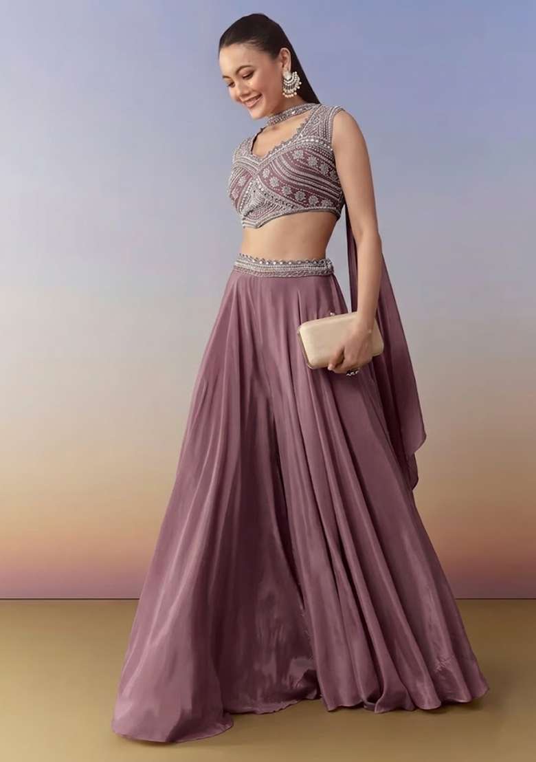 Mauve Pink Crepe Handwork Fusion Set - Indya