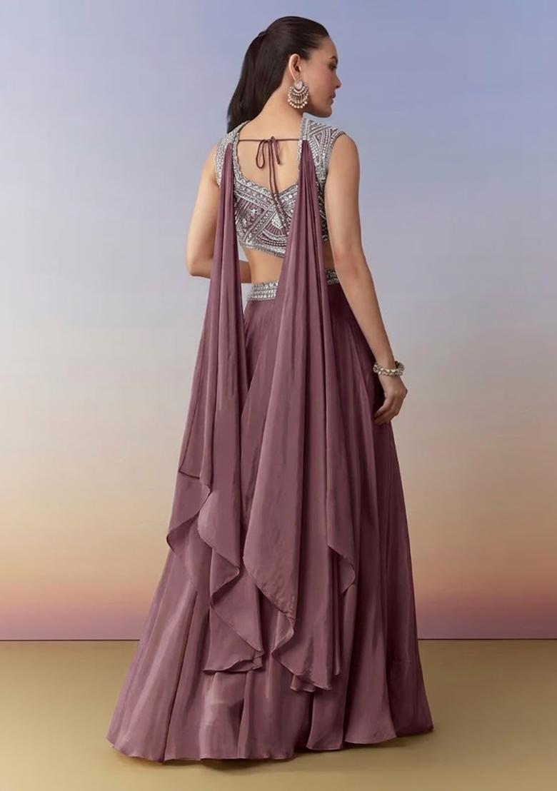 Mauve Pink Crepe Handwork Fusion Set - Indya