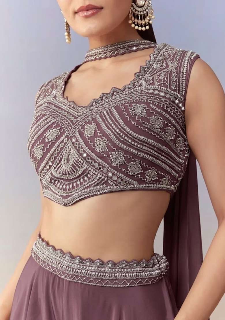 Mauve Pink Crepe Handwork Fusion Set - Indya